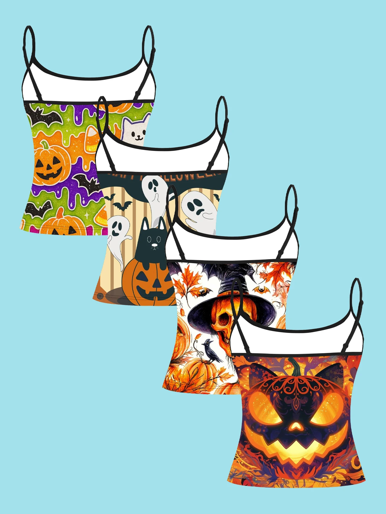 4-Piece Set of Halloween Colorful Graffiti Pumpkin Ghost Black Cat Women's Camisoles, Witch Skull Maple Leaf Bat Print Slim-Fit Spaghetti Strap Short Camisole Tops