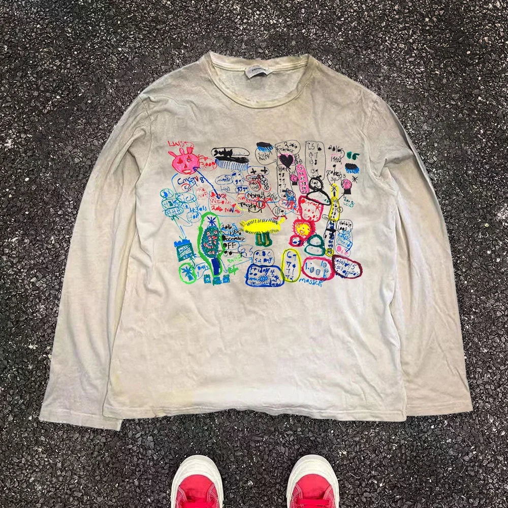 Artist Graffiti Long Sleeve T-Shirt Versatile Early Autumn Fashionable Casual Wearable Art Studio Wang Workwear