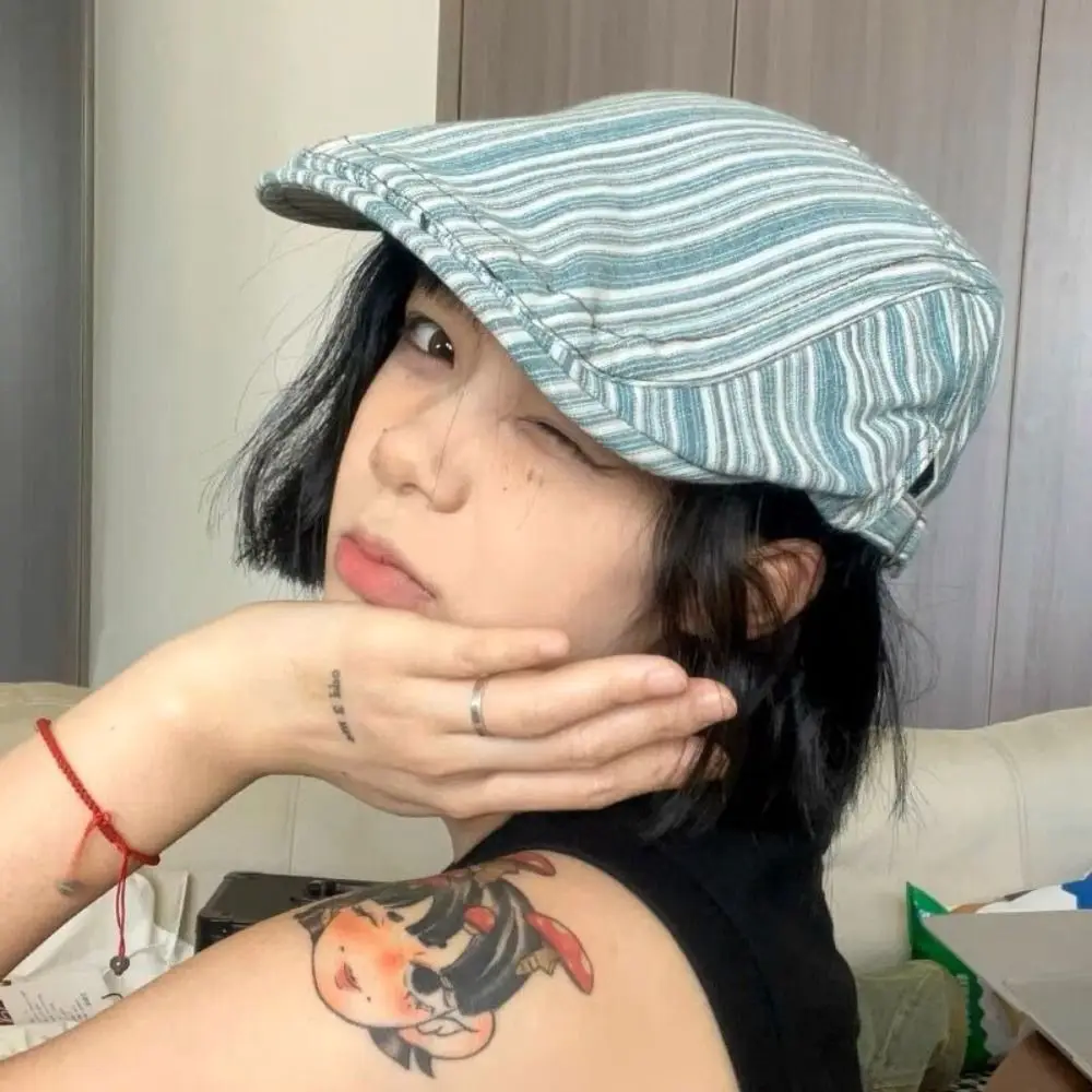 

Adjustable Vintage Newsboy Cap Y2k Sunscreen Peaked Caps Unisex Striped Painter Hat Female