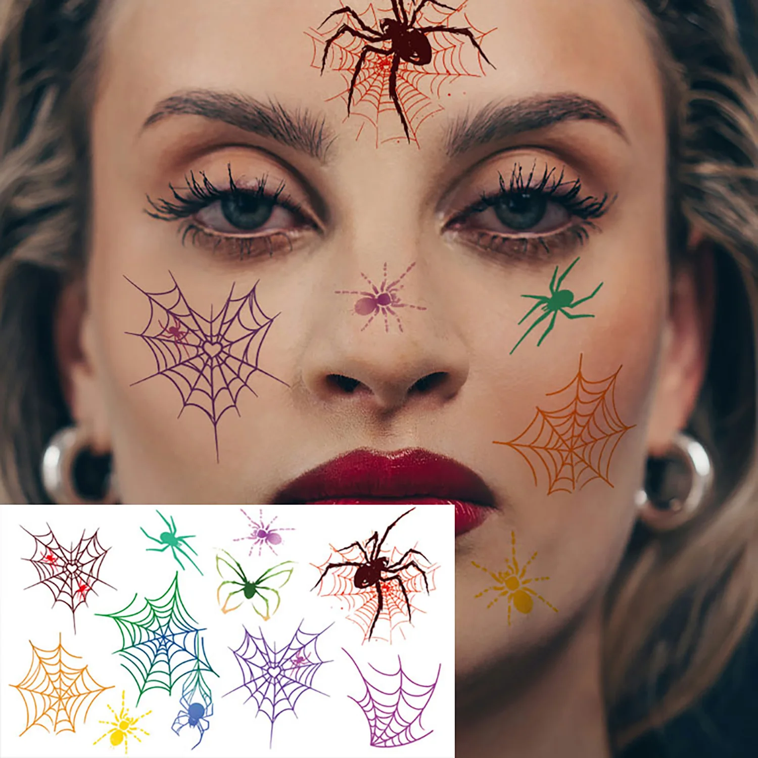 10 Halloween Face Tattoo Stickers, Colorful Spider and Spider Web Themed Designs, Waterproof Artistic Fake Tattoo Stickers, Suitable for Temporary Makeup at Halloween Parties
