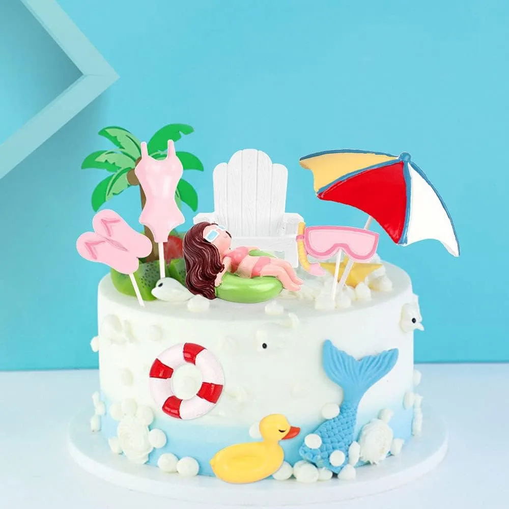 Summer Beach Party Cake Decorations Blue Cake Toppers Hawaii Beach Birthday Party Swimming Pool Party Decoration Supplies