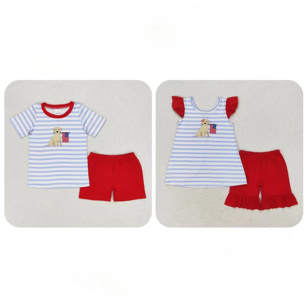 

Wholesale Baby Boy Girl July 4th Outfit Toddler Embroidery Dog Flag Blue Stripes Tops Kids Summer Set Children Red Cotton Shorts