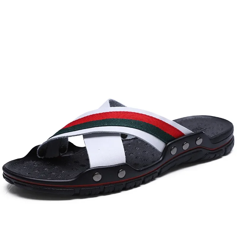 Brand Summer Men Slippers Fashion Leather Cross Strap Beach Water Shoes Men High Quality Slippers Big Size 38-47
