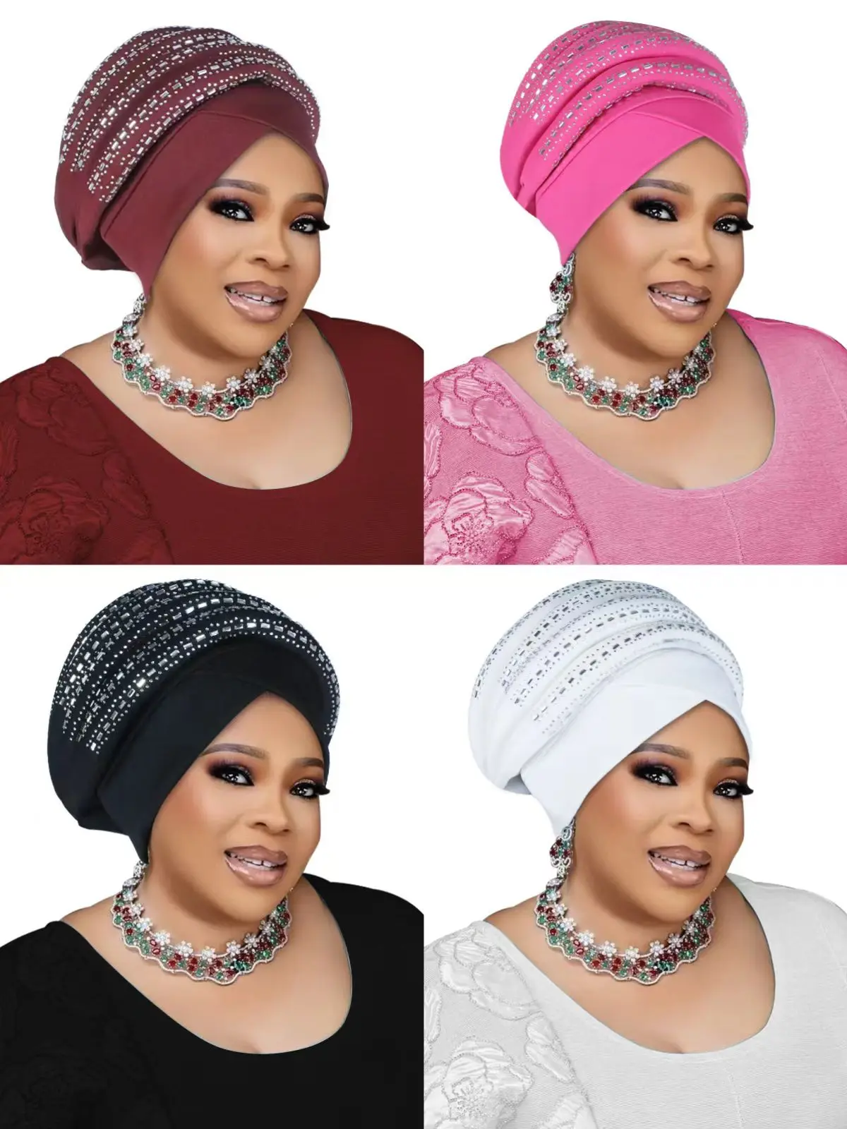 

African Headtie Turban Nigeria Head Ties with Bead Summer Head Wraps Wedding Party High Strecth Red White Hijab Outdoor Headwear