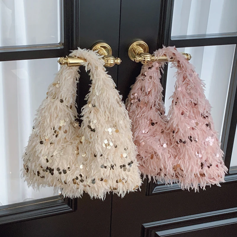 

Personalized Pink Feather Sequin Banquet Bag Elegant Women's Chain Crossbody Bags Fashion Versatile Handbags Mini Clutch