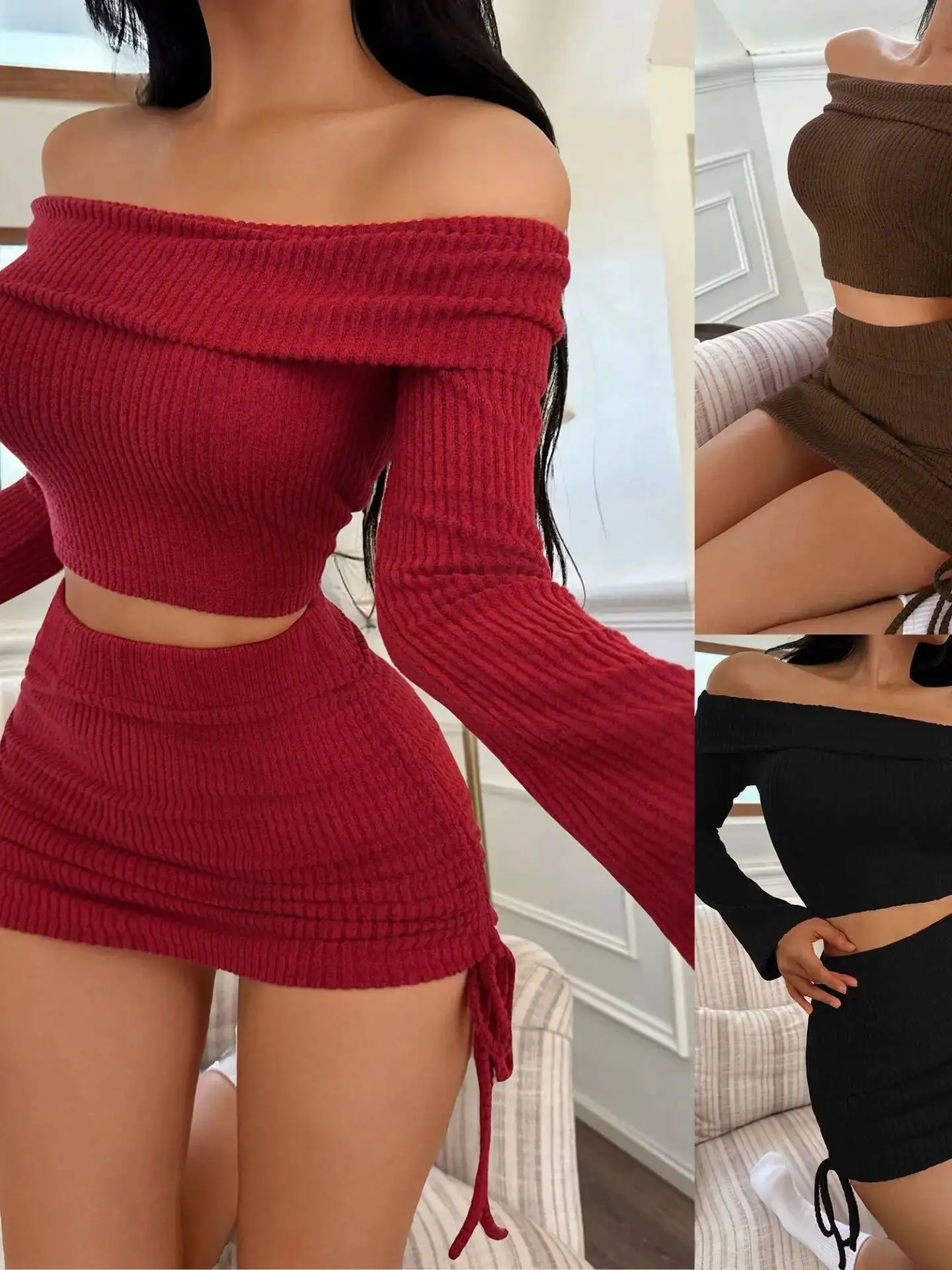 Off-the-shoulder Women's Fashion Solid Color Skirt Sets Sexy Knitted Short Off-Shoulder Long Sleeve Sweater Skirt Sets 7H1N
