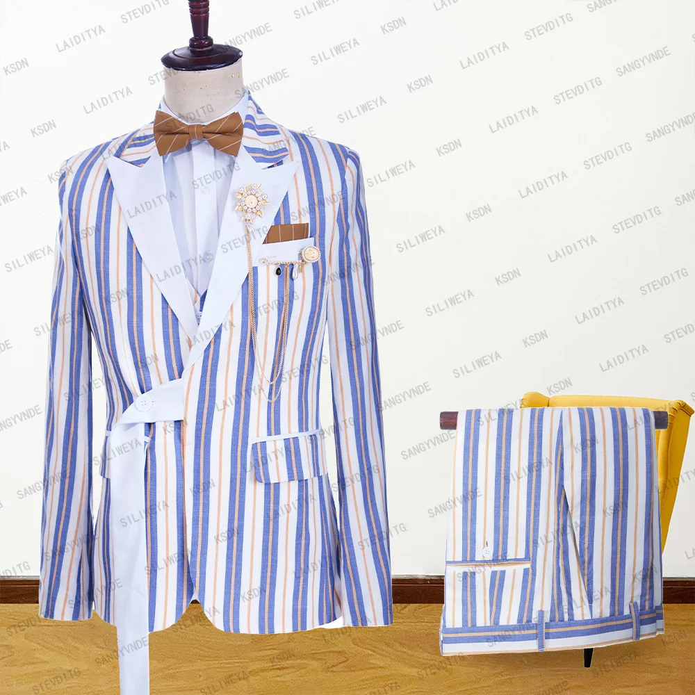 

2023 Men Suit 2 Pieces Linen Leisure Set Blue White Orange Stripe Slim Fit Peaked Lapel Single Breated Fashion Coat Pants