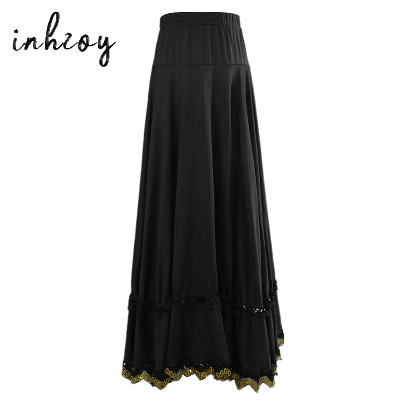 

Womens Lyric Modern Flamenco Dance Long Skirt Elastic High Waist Ruffled Lace Trim Dance Skirt for Ballroom Ethnic Square Dance