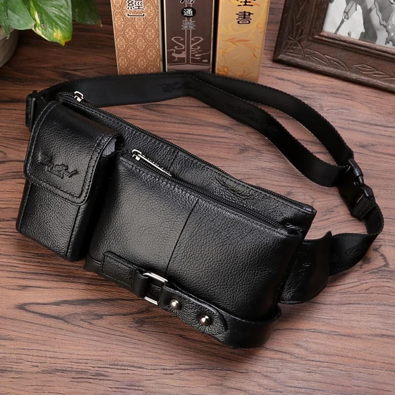 

Men Genuine Leather Waist Fanny Pack Sling Chest Bags Pouch Travel Climb Cross Body Bags Natural Skin Male Hip Bum Belt Bags