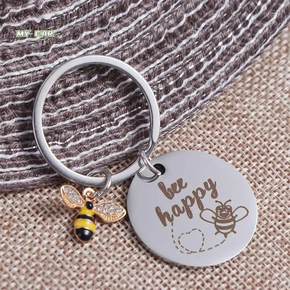 

Bag Charm Metal Bee Happy Key Chain DIY with Letters Stainless Steel Key Ring Popular Delicate Letters Round Pendants Friends