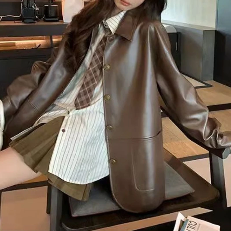 Women's Spring/Autumn New Style Korean Vintage Boxy Long Sleeve Slimming Brown Leather Jacket