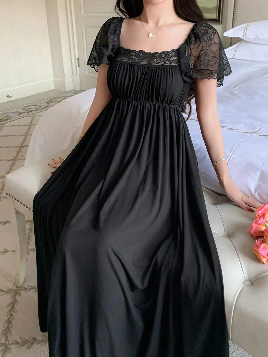 

Womens Black Lace Patchwork Ruched Waist Floor Length Nightgown Summer