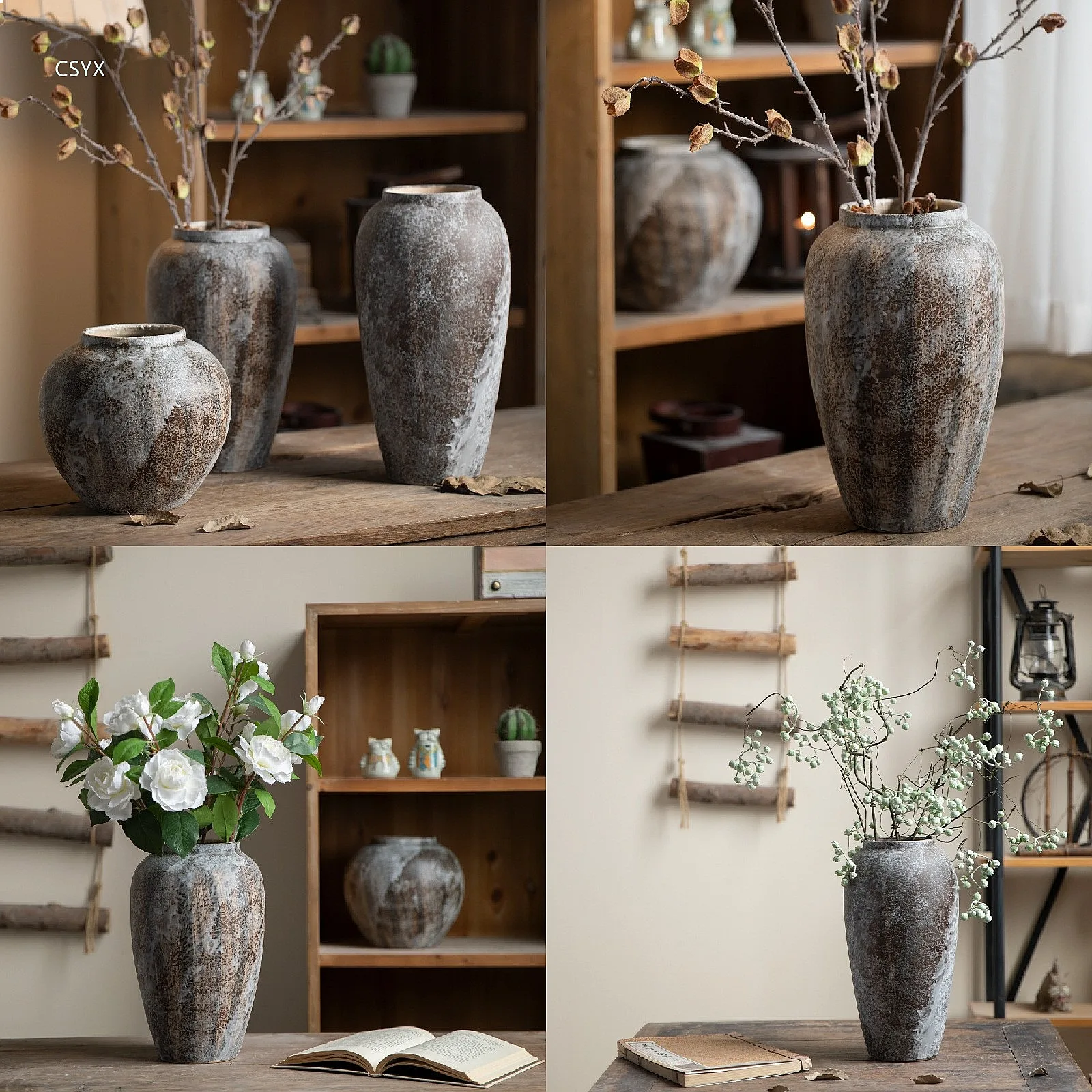 Distressed Ceramic Vase Handmade Wabi-Sabi Style Rustic Decorative Vase for Living Room Entryway Flower Arrangement