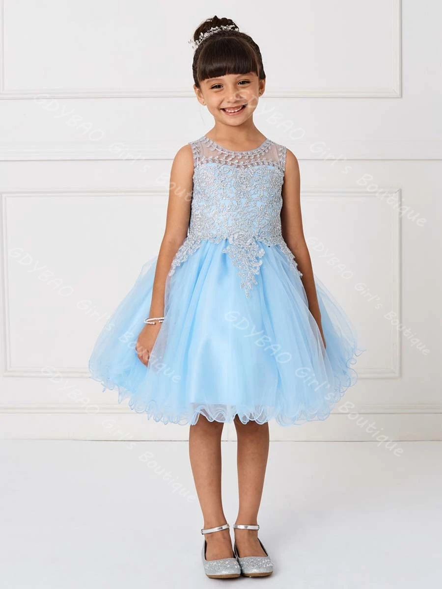 

Girls Cupcake Tulle Princess Pageant Dress Sheer Neck Knee-Length Wedding Flower Girl Dress with Lace Applique Custom Vestidos