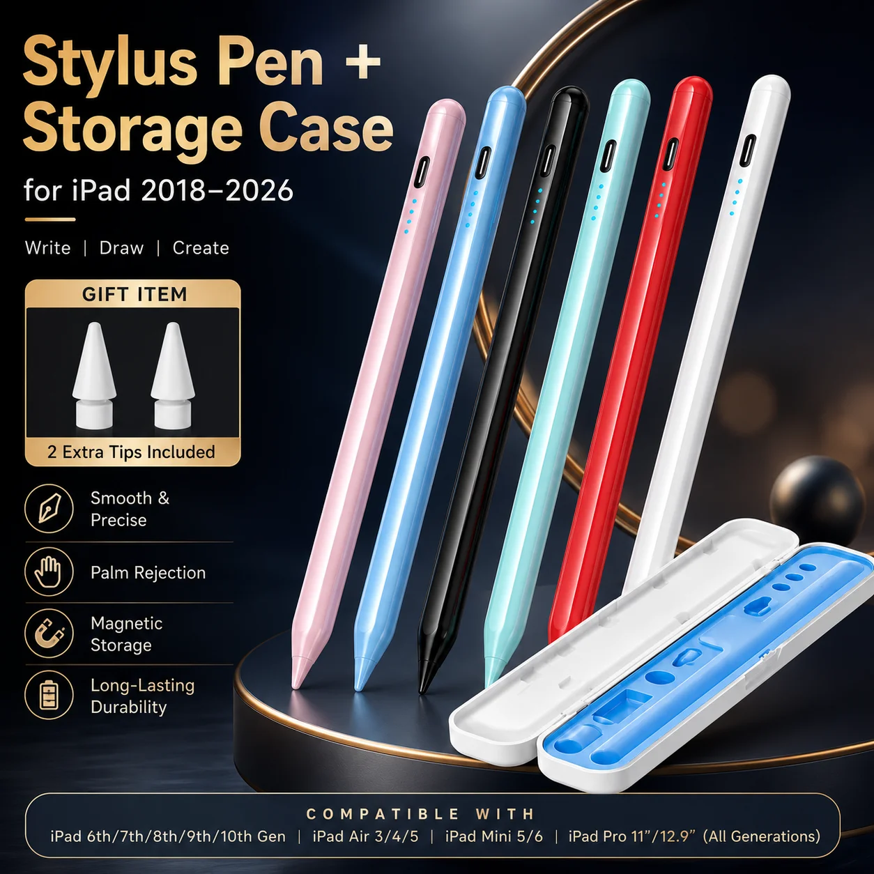 

Stylus Pen for iPad Air/Mini/Pro 2018+, Palm Rejection, Fast Charge, Long Battery, Side Magnetic, with Premium Storage Case