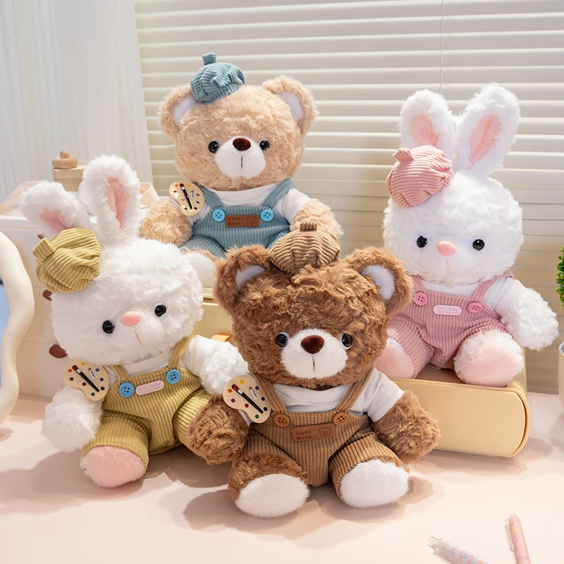 Wholesale With Hats Bear Wear Clothes Plush Toys Overall Fluffy Bunny Soft Stuffed Toys Handmade Cartoon Rabbit Stuffed Animal