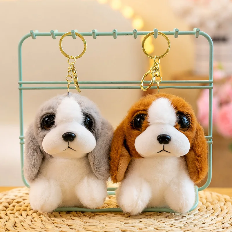 Boutique ojos grandes pestañas largas simulación cachorro llavero de felpa colgante Basset perro muñeca colgante