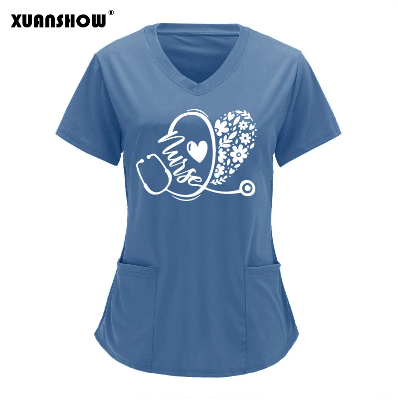 XUANSHOW 2022 New Arrival Women's Tops Nurses Style Love Flower Graphics Print Shirt V-neck Pocket Short-sleeved Loose T-shirt