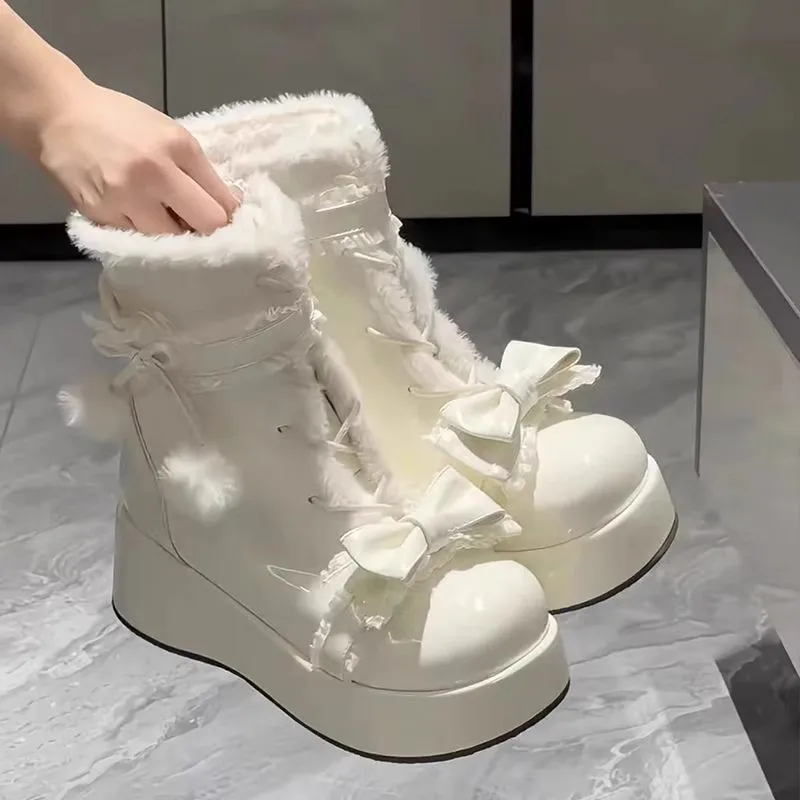 

Зимние зимние сапоги в стиле Лолиты для девочек, теплые ботильоны на подкладке Thi Bot из синтетической кожи, на хлопковой подкладке, резиновая вспененная подошва