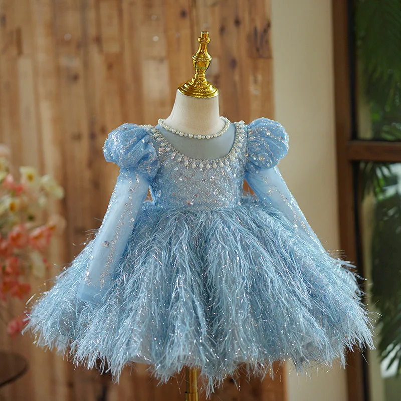 Ragazze principessa luxury Pearl bambini pearl Bow tutu abito da sposa a maniche lunghe abiti per bambini baby infant Birthday Party Dress