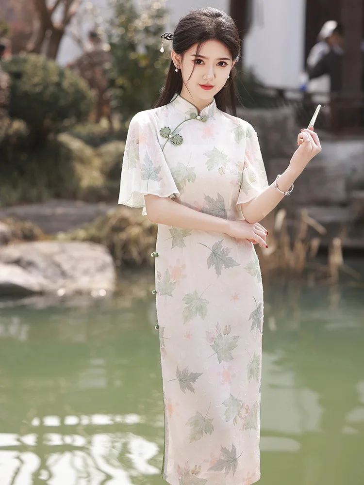 

Flying Sleeve Print Flower Qipao Sexy Slim Split Women Chinese Dress Traditional Classic Mandarin Collar Cheongsam