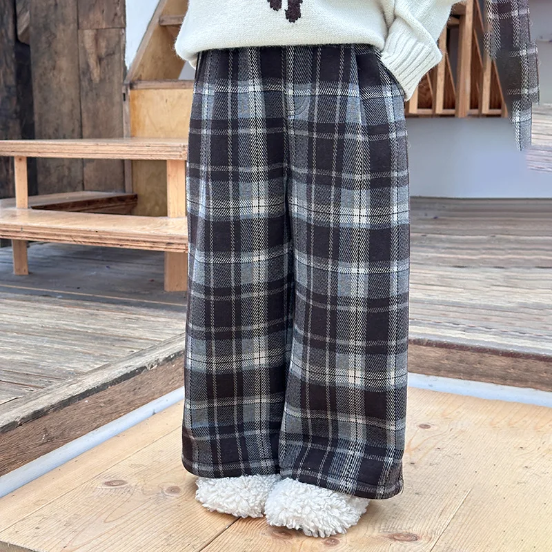 بنطال صوف سميك مبطن بالصوف منقوش بأرجل مستقيمة كورية فضفاضة غير رسمية ومطابقة تمامًا ومريحة