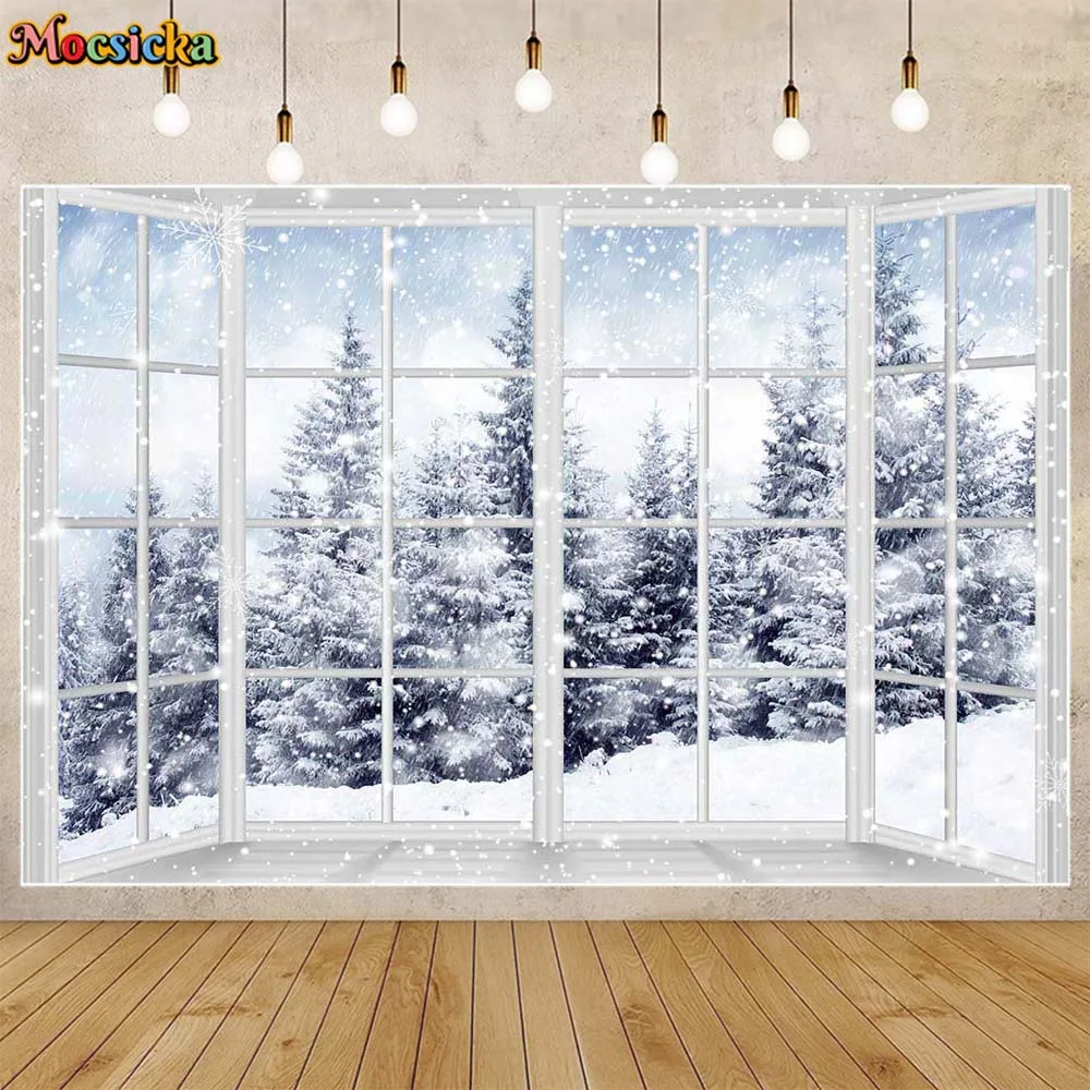 

Mocsicka Winter Backdrop White Window Snow Forest Snowflake Photography Backgrounds Child Portrait Photoshoot Photo Studio Props