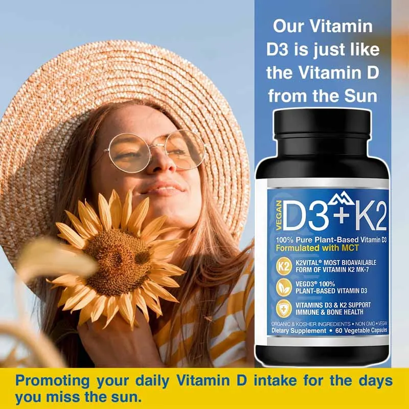 

Vitamin D3 K2 Immune System Bone Health VitaminD3 125 micrograms K2 MK7 100 milligrams,Calcium 210 milligrams Pepper 60 capsules