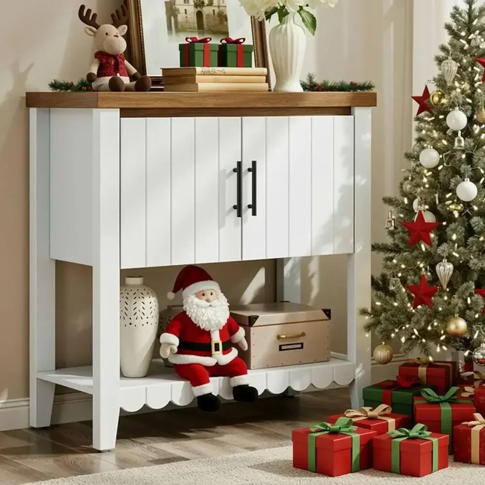Narrow Entryway Table with Storage, Coffee Bar Cabinet, Open Shelving, Suitable for Living Room, Entryway, White Finish