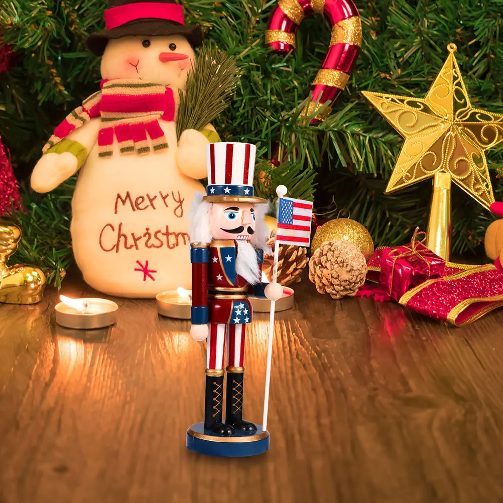 

Wooden Nutcracker Soldier Statue American Flag Design Holiday Home Decor for Christmas and Independence Day Tabletop Centerpiece