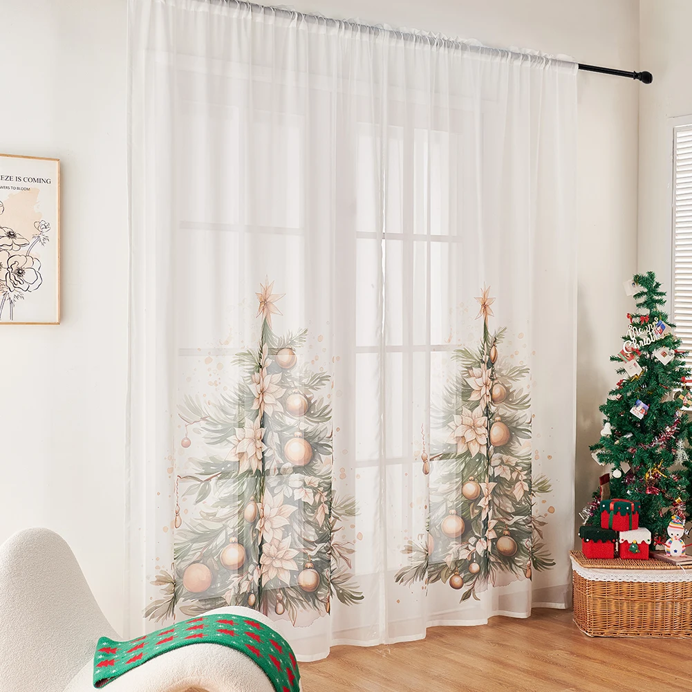 1 Pair Christmas Curtains for Living Room White Translucent Voile Christmas Tree Printed Window Drapes Xmas Themed Decoration