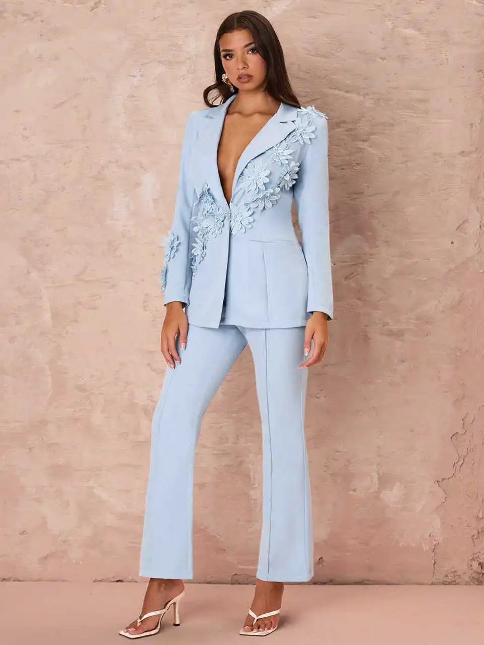 Elegant Floral Appliques Women Suits Wide Leg Pants Plus Size Blazer Fashion Full Sleeve Suit Customized Prom Party Outfits