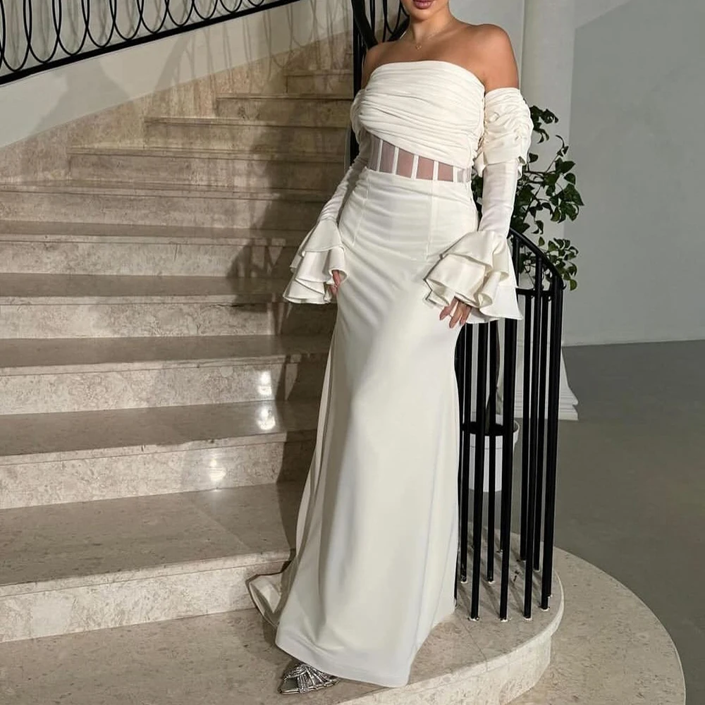 Customized Modern Strapless Off the Shoulder Evening Dress Temperament Mermaid Jersey Long Sleeves Pleats White Party Gown