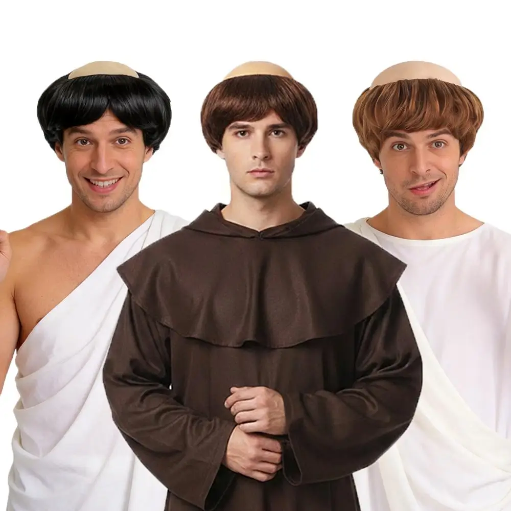 Men Funny Half Bald Monk Wig Synthetic Heat Resistant Cosplay Wig For Halloween Monk Religious Theme Retro Party Accessory Prop