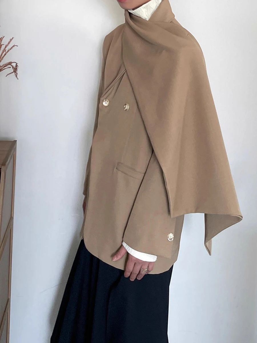 TWOTWINSTYLE Solid Patchwork Scarf Slim Coats For Women V Neck Long Sleeve Spliced Single Button Casual Jacket Female Fashion