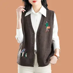 Women Korean Vintage Embroidery Sleeveless Button Cardigan V Neck Elegant All Match Sweater Vest Casual Loose Knitted Waistcoat