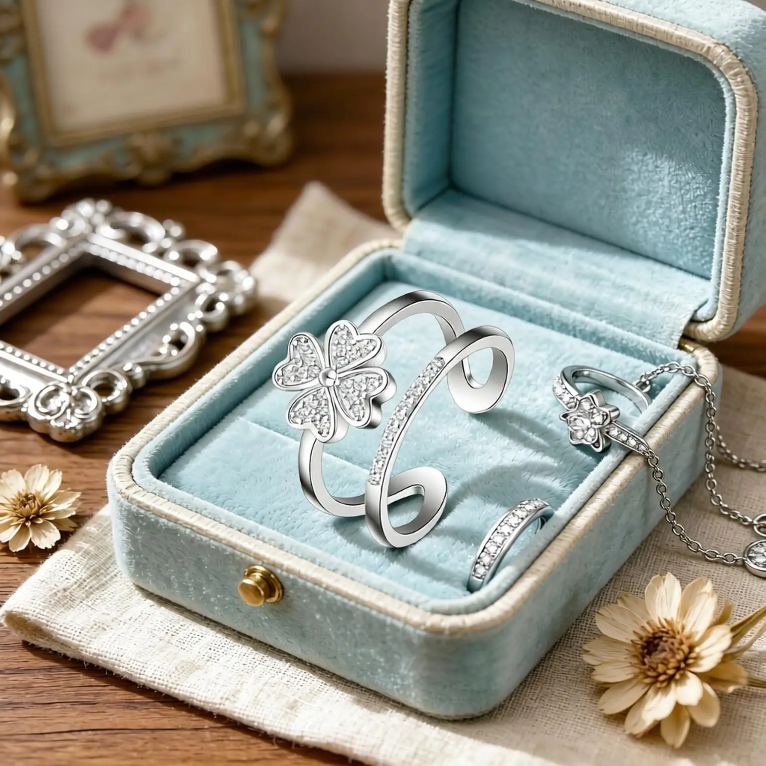 Exquisite 925 Sterling Silver Four Leaf Clover Multi-Layer Crystal Zircon Open Rings For Women Girls Wedding Party Jewelry Gifts