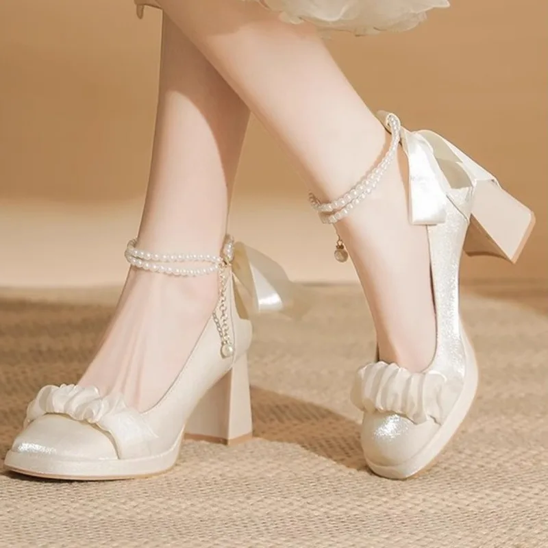 

Women's Pumps Summer Pearl High Heels Shoes For Women Chunky Heel Mary Jane PU Leather Shoes Bride Wedding Shoes