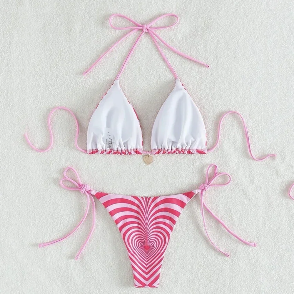 Pink Heart Striped Swimwear String Halter Micro Bikini Thong 2025 Sexy Swimsuit Women Ladies Bathing Suit Triangle Bikinis Sets