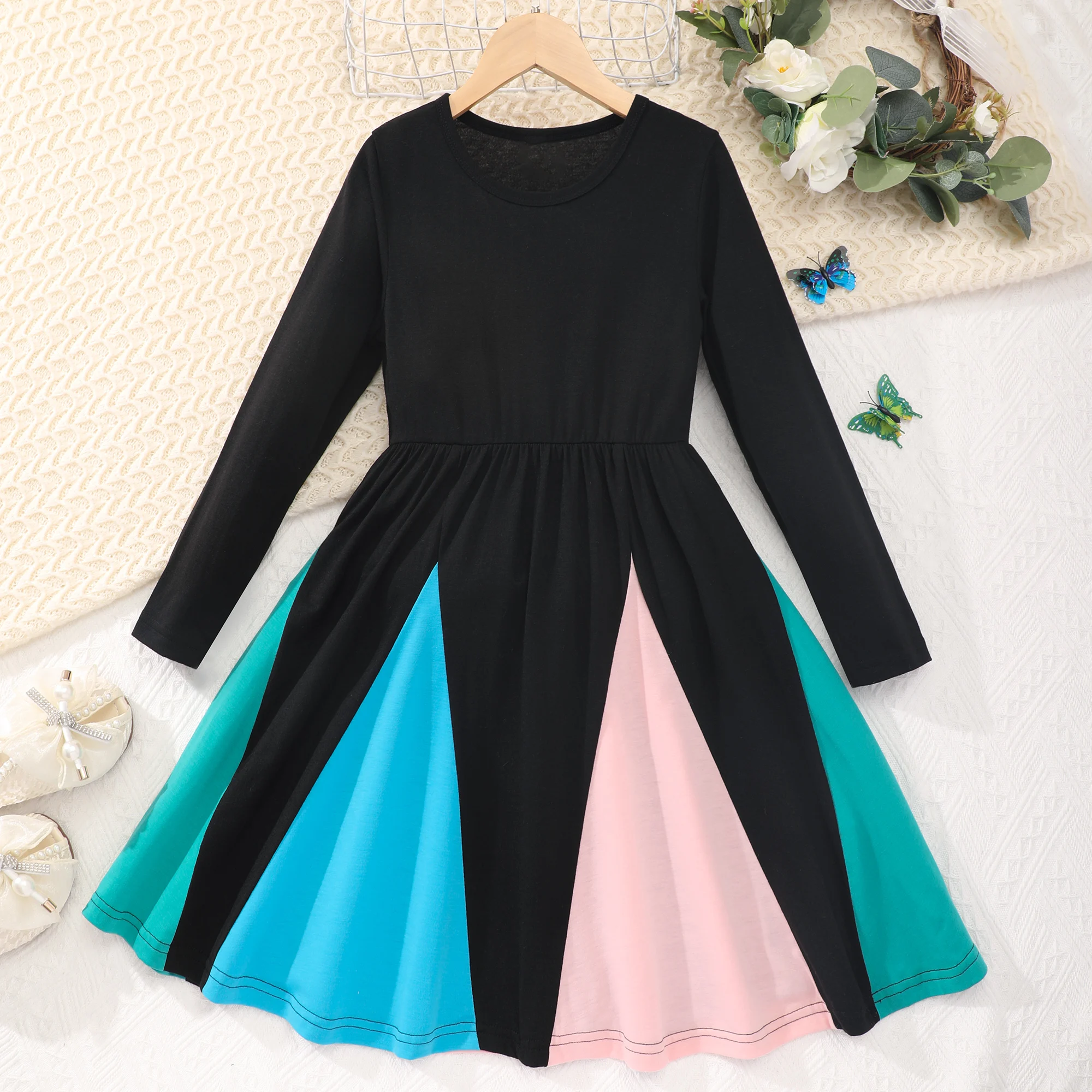 

Новинка весна-осень 2023, детская одежда для девочек, повседневное контрастное платье контрастных цветов с длинными рукавами и круглым вырезом