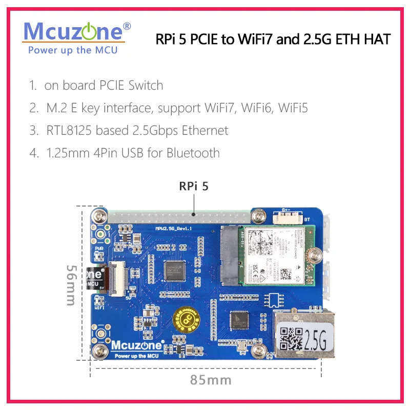 MPW2.5G Raspberry Pi 5 PCIE to WiFi7 and 2.5G ETH HAT,M.2 E key interface, support WiFi7, WiFi6, WiFi5