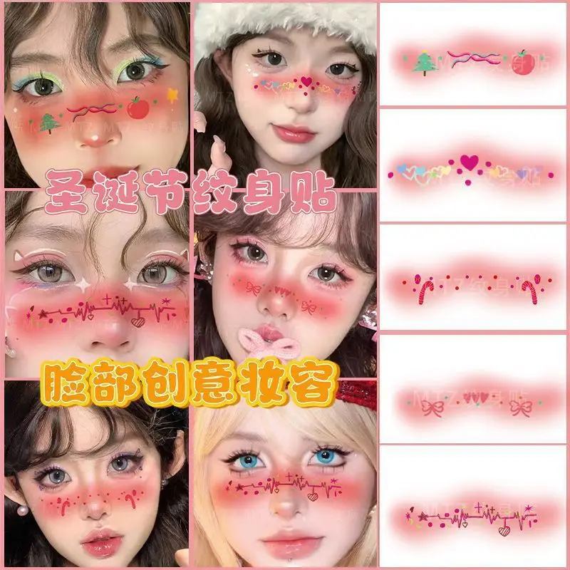 Autocollants mignons de visage de maquillage de Noël pour des enfants, autocollants de tatouage de coeur, fard à joues Girly Party, autocollants de vacances de grande valeur