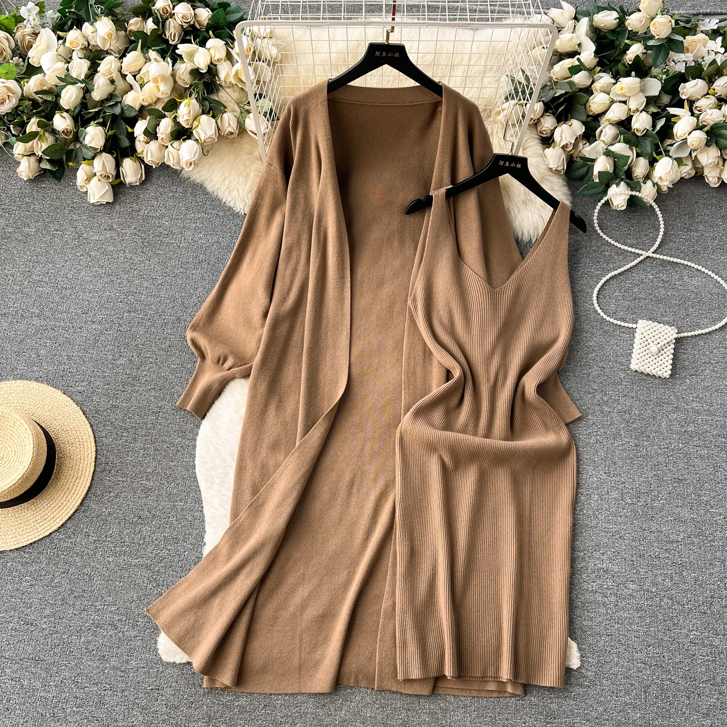 REALEFT Autumn Winter 2 Pieces Women\'s Sets Solid Knitted Tracksuits Cardigan Outwear and Tank Wrap Dress Suits 2024 New