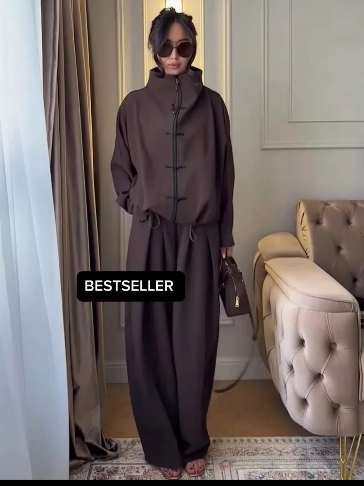 Tang Coffee Suit Two Piece Set Mandarin Collar Frog Button Top Wide Leg Cropped Pants Sets Lady Chic Retro Oriental Daily Wear