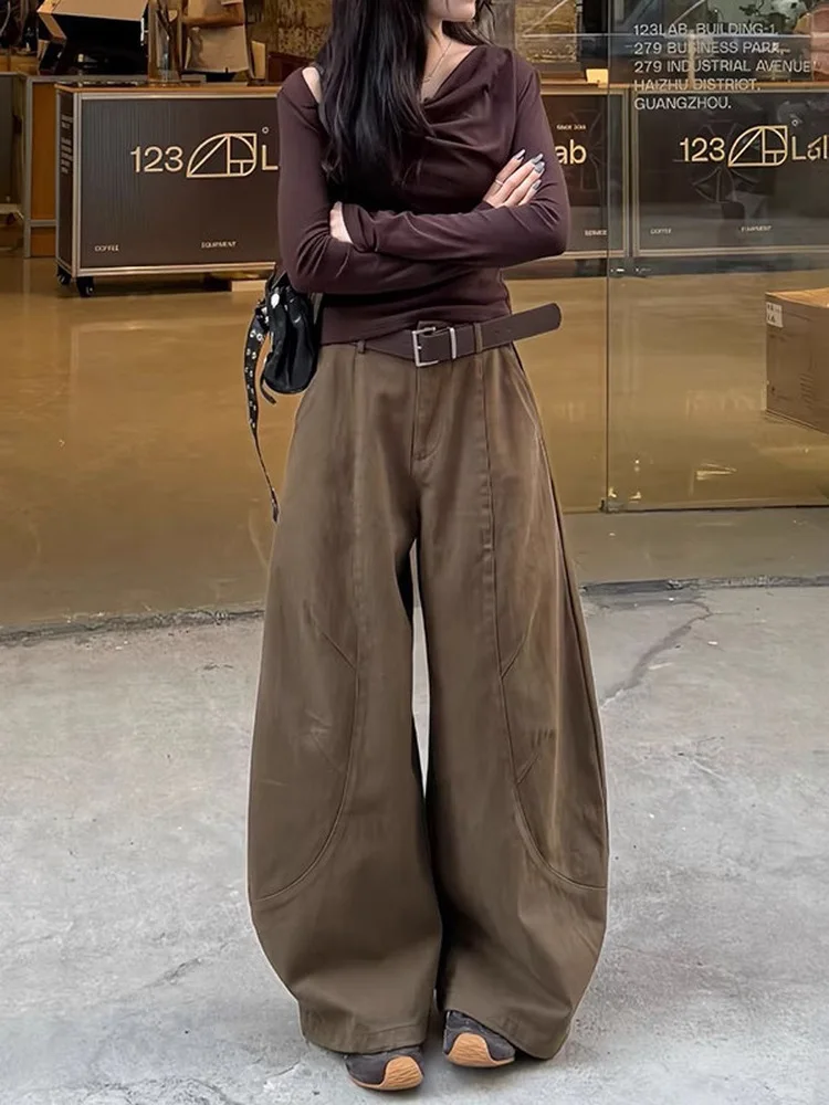 

Женские джинсы с высокой талией, коричневые, новые, больших размеров, свободные, широкие штанины, винтажные, с эффектом потертости, повседневные, удобные