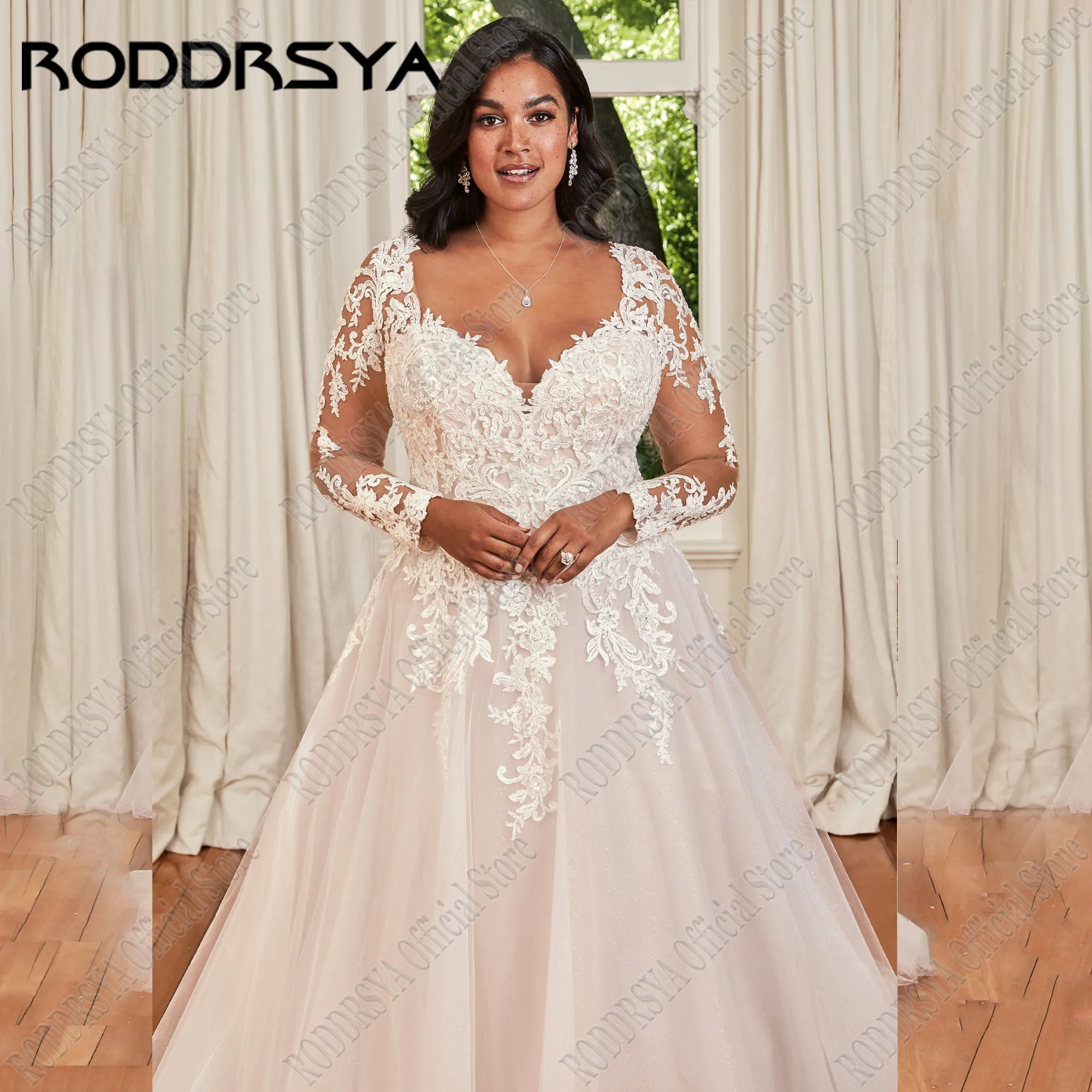 RODDRSY kanten V-hals trouwjurk lange mouwen A-lijn vestido de noiva 2025 Plus size bruidsjurken aangepast illusie terugRODDRSY Kant V-hals Bruidsjurk Lange Mouwen A-Lijn vestido de noiva 2025 Plus Size Bruidsjurken Aa