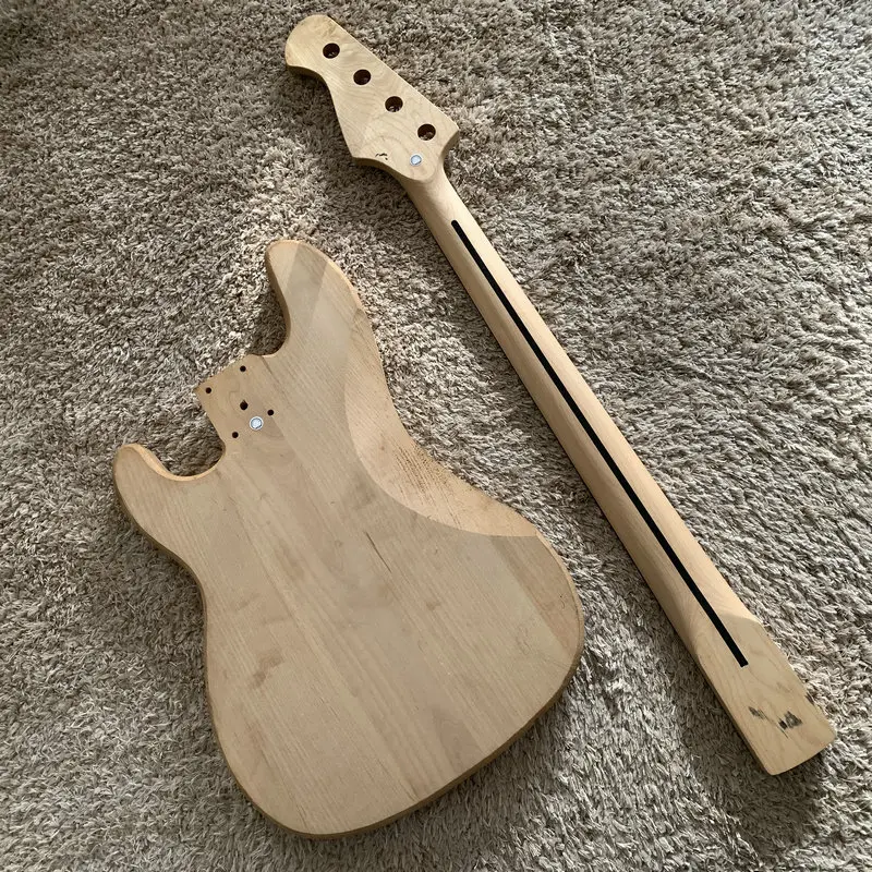 Unfinished Electric Bass Kits Solid Basswood Body with Maple&Rosewood Neck One Set for DIY Replace with Damages CN146+CB146