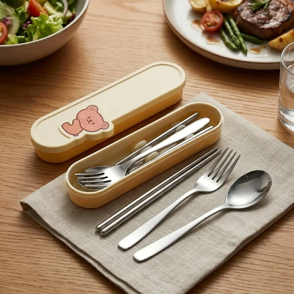 Portable Stainless Steel Cutlery Set Spoons Forks Chopsticks Tableware with Bear Case Travel Camping Flatware Utensils for Kids