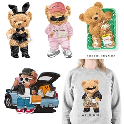 Cool Bear Girl Cartoon Character DTF Printing Iron On Decals Heat Transfers Stickers For DIY Coat