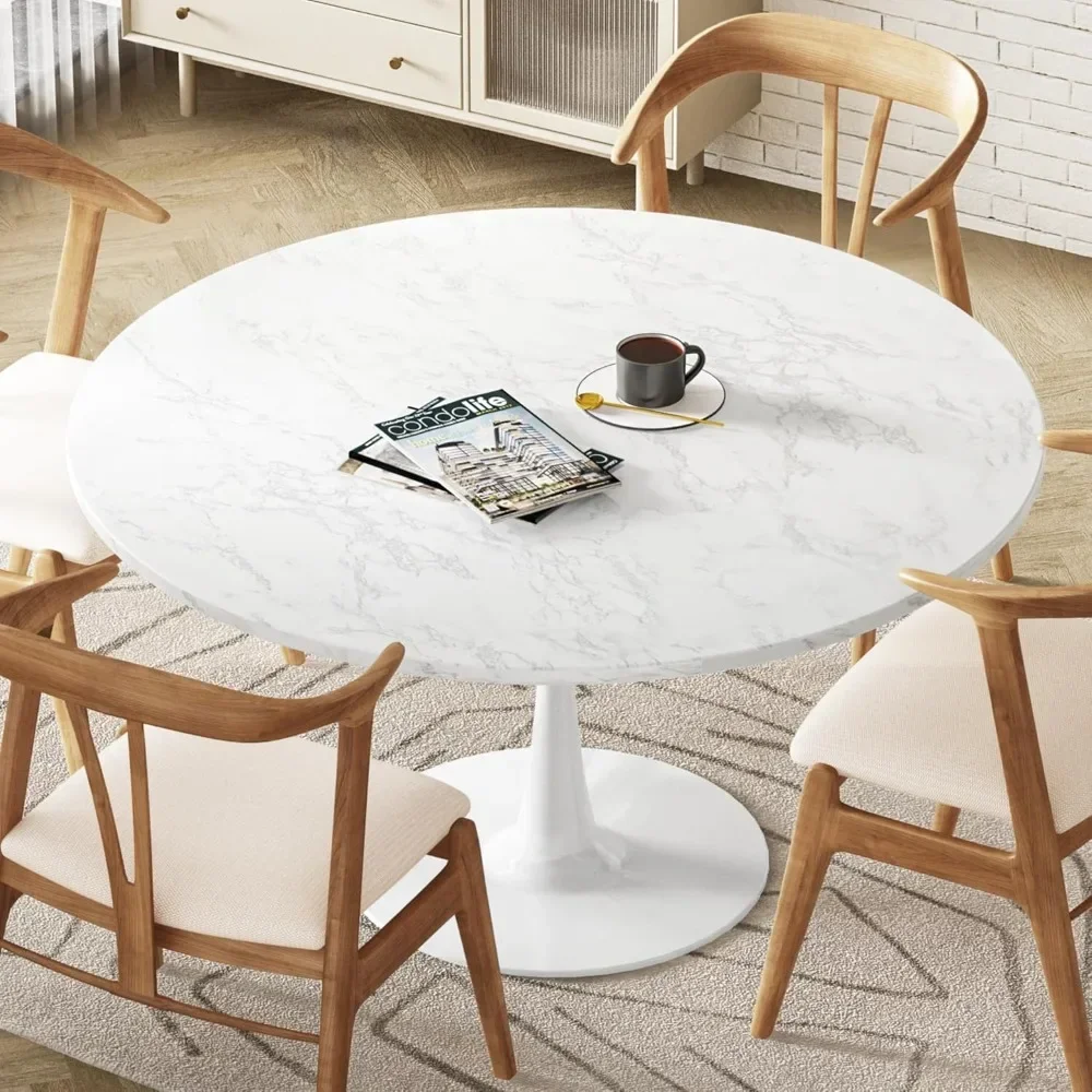 

White Marble Round Dining Table, 42.1" Tulip Kitchen Dining Table 4-6 People with MDF Top & Pedestal Base, Mid-Century